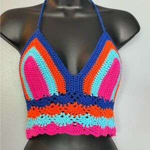 Boho Hippie Granny Crochet Halter Crop Top 1 Size Fits Many Bright Bold Stretch